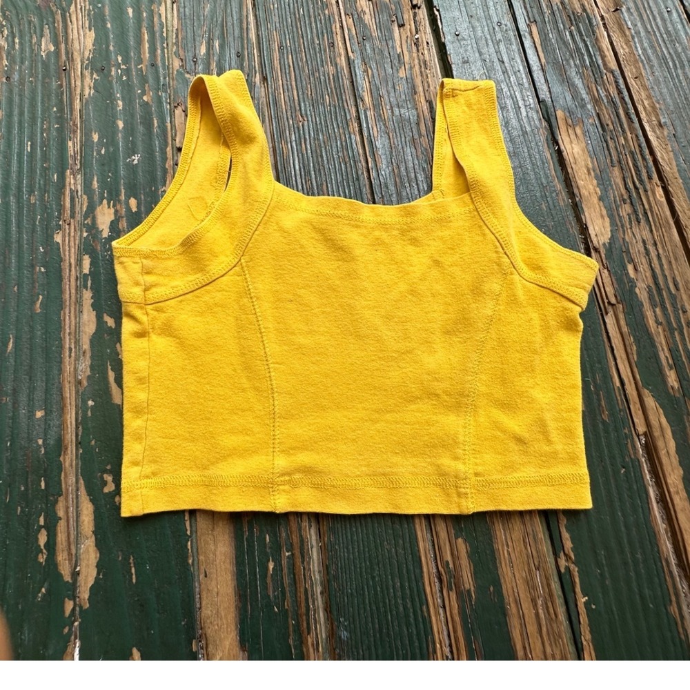Yellow Ribbed Square Neck Crop Tank Top Wide Strap Sleeveless Bodice